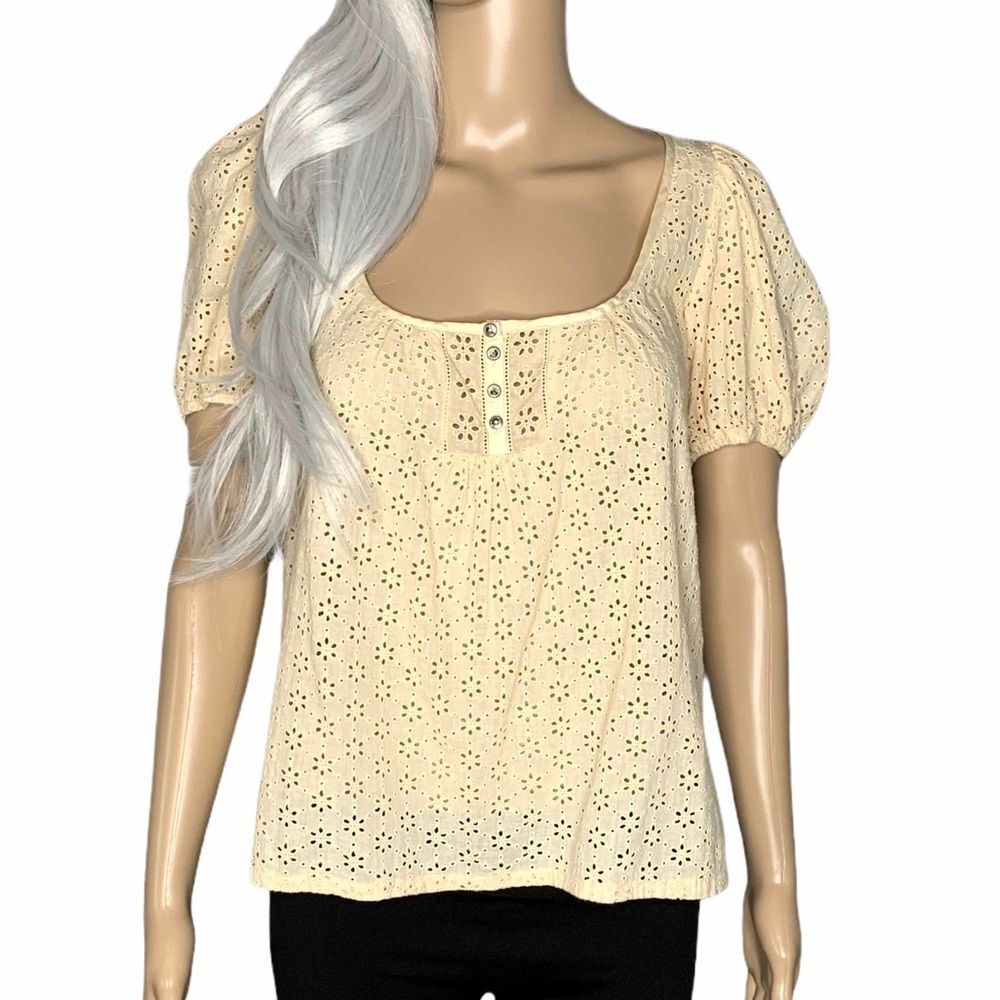 Rebecca Taylor Boho Cream Floral Eyelet Short Sleeve Blouse Size XS